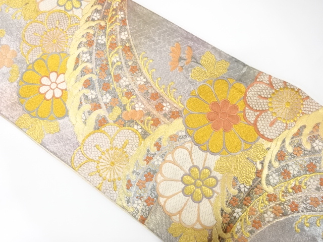 JAPANESE KIMONO / FUKURO OBI FOR FURISODE / SILK / WOVEN ROUGH WAVE & FLOWERS